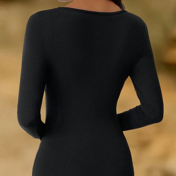 Black Casual Women's Shell Trim V-Neck Long Sleeve Slim Fit Undershirt - Picture 2 of 6